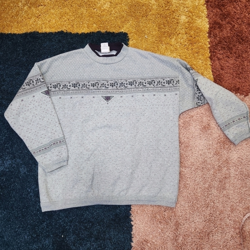 Artisans Vintage 90s Leaf Print Mock Neck Gray Sweater